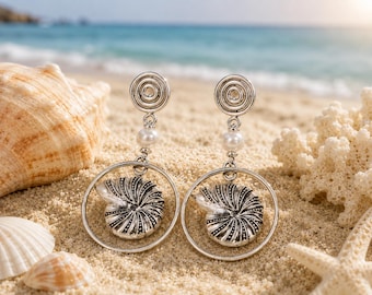 Handcrafted Silver Nautilus Shell Hoop Earrings with Pearl Accent, Coastal Beach Jewelry