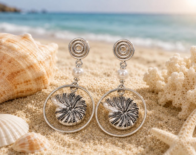 Handcrafted Silver Nautilus Shell Hoop Earrings with Pearl Accent, Coastal Beach Jewelry