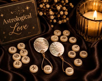 Personalized Zodiac Earrings, Mother of Pearl Disc Earrings, Gold Astrology Charm Earrings, Horoscope Jewelry, Celestial Gift