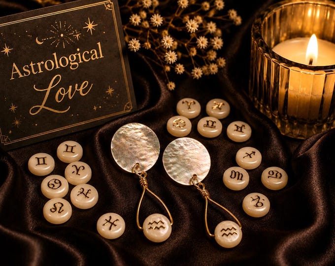 Personalized Zodiac Earrings, Mother of Pearl Disc Earrings, Gold Astrology Charm Earrings, Horoscope Jewelry, Celestial Gift