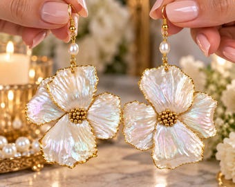 Iridescent Flower Mother of Pearl Clay Earrings, Gold Bridal Jewelry, Pearl Dangle Earrings, Wedding Earrings, Floral Statement Jewelry
