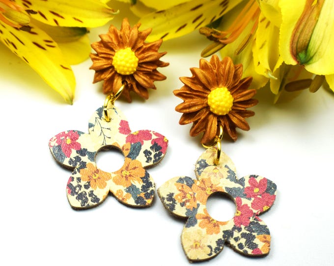 Flower Earrings, Leather Flower Earrings, Pink Clay Flower Earrings, Yellow Spring Earrings