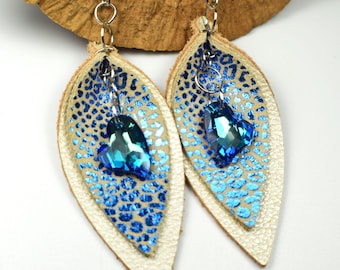 Boho Pinched Leather Earrings, Crystal Earrings, Heart Earrings, Stenciled Patterns, Animal Patterns, Boho Earrings, Trendy Earrings