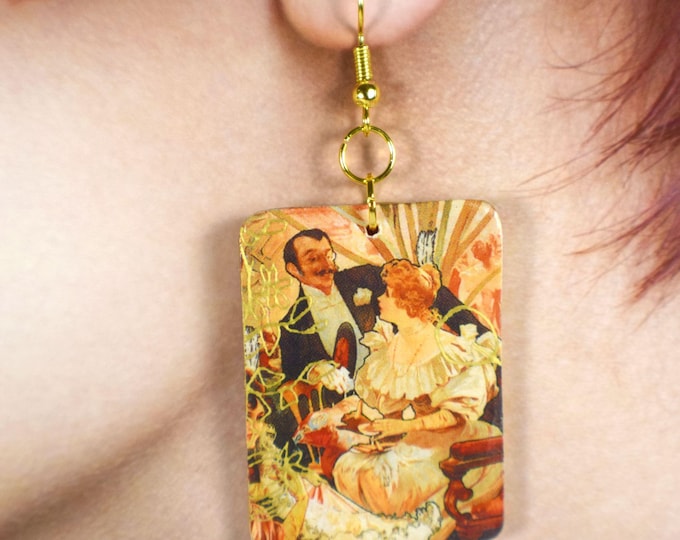 Art Nouveau Clay Earrings, Alphonse Mucha Gold Metallic Jewelry