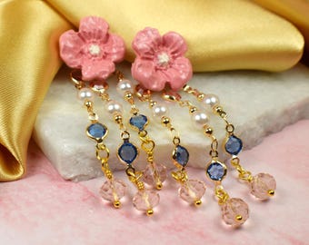 Handmade Pink Clay Flower Dangle Earrings, Pearl Crystal Wedding Jewelry