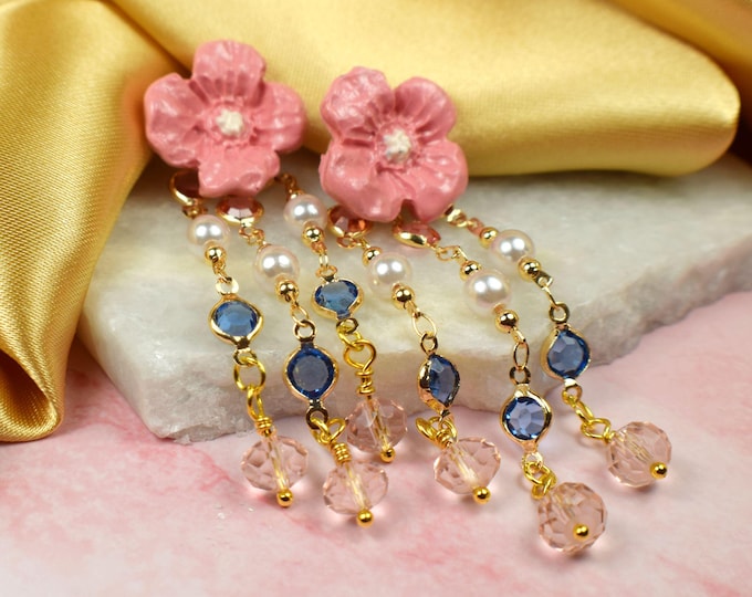 Double Front Back Pink Flower Statement Earrings, Wedding Romantic Handmade Clay Flower Earrings, Pearl Crystal Earrings, Feminine Earrings