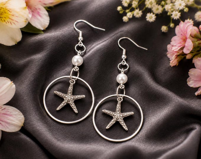 Silver Starfish Earrings, Pearl Hoop Earrings, Coastal Beach Jewelry, Ocean-Inspired Dangle Earrings, Nautical Gift for Women