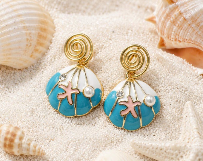 Gold Enamel Shell Earrings, Faux Pearl Crystal Earrings, Coastal Beach Jewelry, Ocean Inspired Dangle Earrings, Tropical Gift