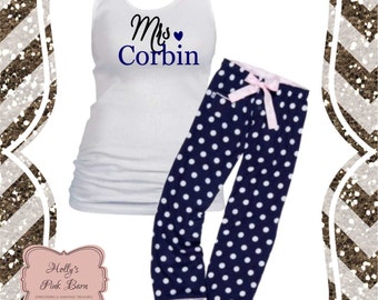 FAST SHIPPING Mrs. Personalized Custom Polka Dot Pajama Pants Christmas PJs Bridal Gift Maid of Honor Gift