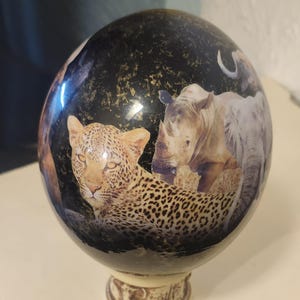Vintage Big 5 Decoupage Ostrich Egg and hand carved stand. South Africa