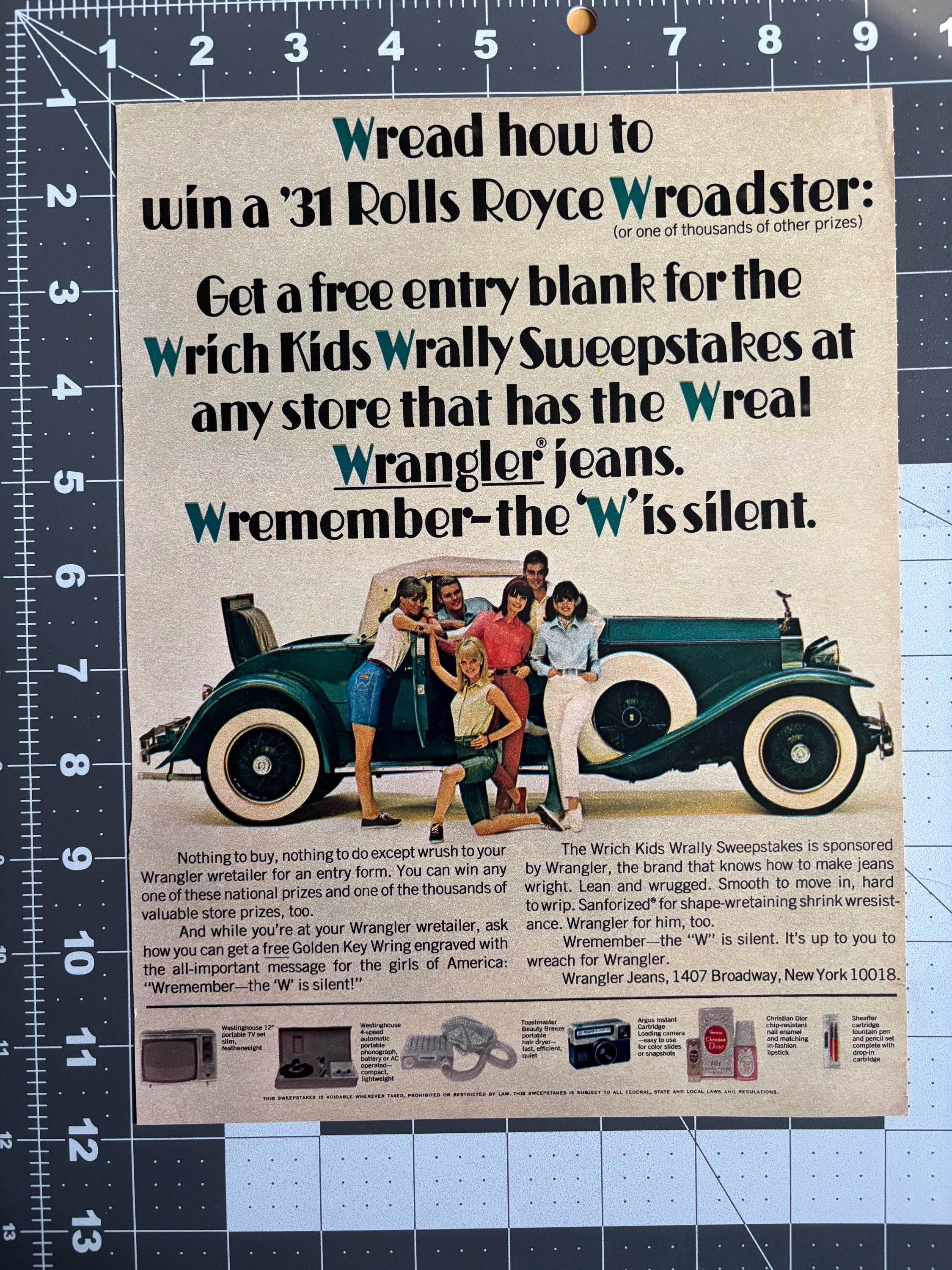 1966 Wrangler Jeans Original Vintage Advertisement Rolls Royce