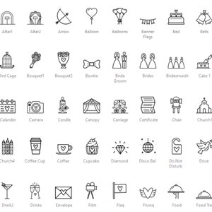 May include: A set of 50 black and white line art wedding icons. The icons depict various wedding related objects and activities, such as an aeroplane, an altar, a bouquet, a bow tie, a bride and groom, a cake, a church, a coffee cup, a dove, a drink, an envelope, a film camera, a flag, a flying heart, food, a gift bag, and more.
