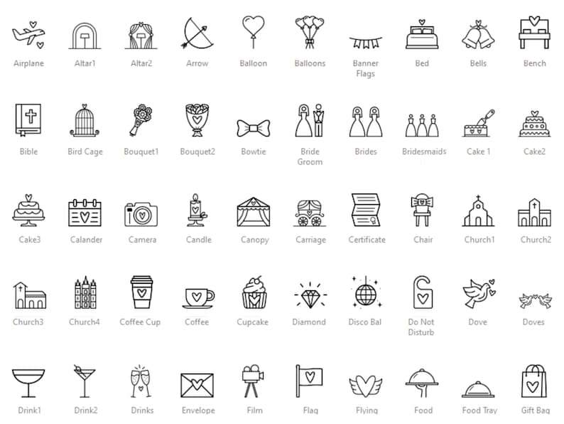 May include: A set of 50 black and white line art wedding icons. The icons depict various wedding related objects and activities, such as an aeroplane, an altar, a bouquet, a bow tie, a bride and groom, a cake, a church, a coffee cup, a dove, a drink, an envelope, a film camera, a flag, a flying heart, food, a gift bag, and more.