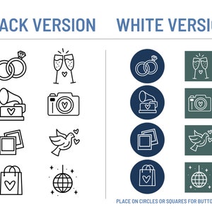 May include: A set of 10 wedding-themed icons in black and white. The icons include rings, champagne flutes, a record player, a camera, a photo, a dove, a shopping bag, and a disco ball. The icons are arranged in two columns, with the black versions on the left and the white versions on the right. The text "BLACK VERSION" and "WHITE VERSION" appears above the icons.