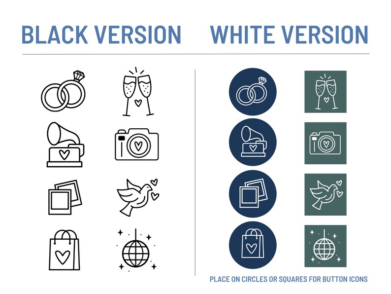 May include: A set of 10 wedding-themed icons in black and white. The icons include rings, champagne flutes, a record player, a camera, a photo, a dove, a shopping bag, and a disco ball. The icons are arranged in two columns, with the black versions on the left and the white versions on the right. The text "BLACK VERSION" and "WHITE VERSION" appears above the icons.