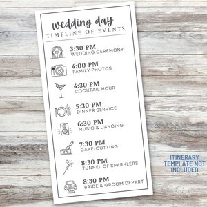 May include: A white wedding day timeline of events with black icons and text. The timeline includes the wedding ceremony, family photos, cocktail hour, dinner service, music and dancing, cake cutting, tunnel of sparklers, and bride and groom depart. The text "Itinerary Template Not Included" is in the bottom right corner.