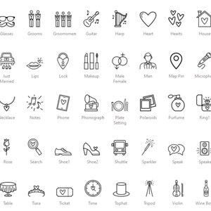 May include: A set of 48 black and white line art icons depicting wedding related items, such as a gift box, glasses, grooms, groomsmen, guitar, harp, heart, hearts, house, invitation, just married, lips, lock, makeup, male female, man, map pin, microphone, mirror, moon, necklace, notes, phone, phonograph, plate setting, polaroids, perfume, ring, rings, rose, search, shoe, shuttle, sparkler, speak, speaker, strawberry, suitcase, table, tiara, ticket, time, top hat, tripod, violin, wine bottle, and woman.