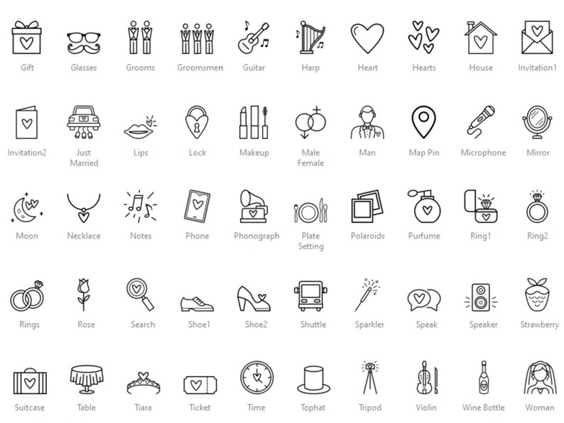 May include: A set of 48 black and white line art icons depicting wedding related items, such as a gift box, glasses, grooms, groomsmen, guitar, harp, heart, hearts, house, invitation, just married, lips, lock, makeup, male female, man, map pin, microphone, mirror, moon, necklace, notes, phone, phonograph, plate setting, polaroids, perfume, ring, rings, rose, search, shoe, shuttle, sparkler, speak, speaker, strawberry, suitcase, table, tiara, ticket, time, top hat, tripod, violin, wine bottle, and woman.