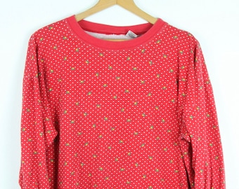 Vintage 90s Red Polka Dot Floral Crewneck Long Sleeve Nightgown Sleep Shirt Cottagecore