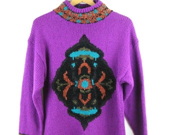 FLAW Vintage 90s Intarsia Sweater Tunic Mock Neck Purple Cottagecore M Chenille