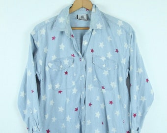 Vintage 90s Bill Blass Chambray Star Print Shirt Small Cotton Oversize Boxy Minimal S