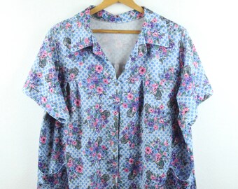 FLAW Vintage 70s Thick Polyester Floral House Shirt Pockets Plus Size 1X XXL