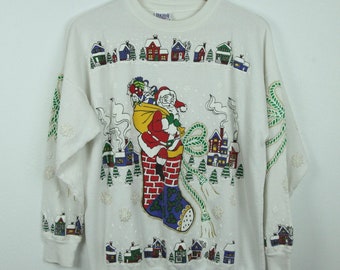 FLAW Vintage 90s Christmas Sweatshirt Santa Print Glitter Ugly Crewneck White L USA