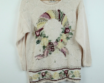 FLAW Vintage 90s Knit Intarsia Sweater Pastel Cottagecore Granny Beaded Pearl M