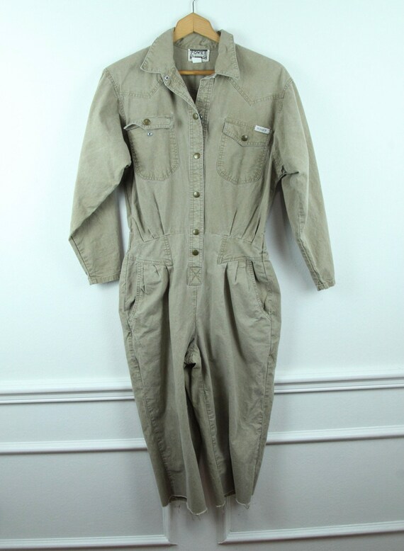 ALTERED Vintage 80s Power Jumpsuit Cotton Tan S M… - image 1