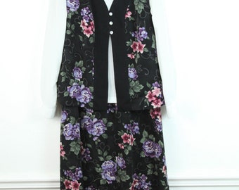 Vintage 90s Cottagecore Black Floral Top Skirt Dress Set M L Granny Country