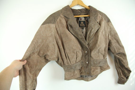 Vintage 80s Brown Leather Jacket Crop Dolman Slee… - image 4