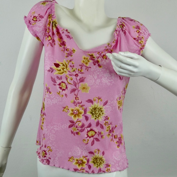 vintage années 90 Y2K Charlotte Russe Rose Floral Cap Sleeve Ruffle Milkmaid Top S M Soft Girl