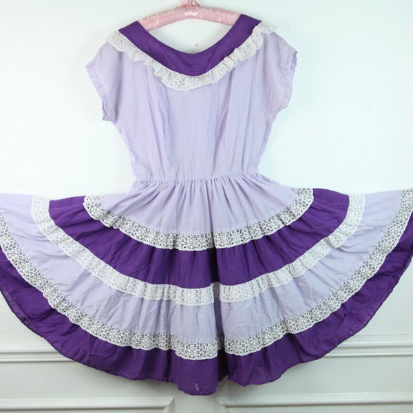 FLAW Vintage Handmade Square Dance Dress Purple Ruffle Cottagecore M