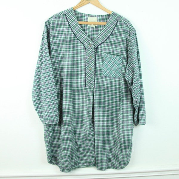 VTG 90s Erika Taylor Cotton Plaid Nightgown Sleep Shirt Country Green Cottagecore