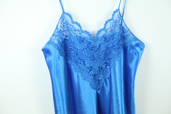 Vintage 90s Blue Silky Polyester Nightgown Lace N… - image 2