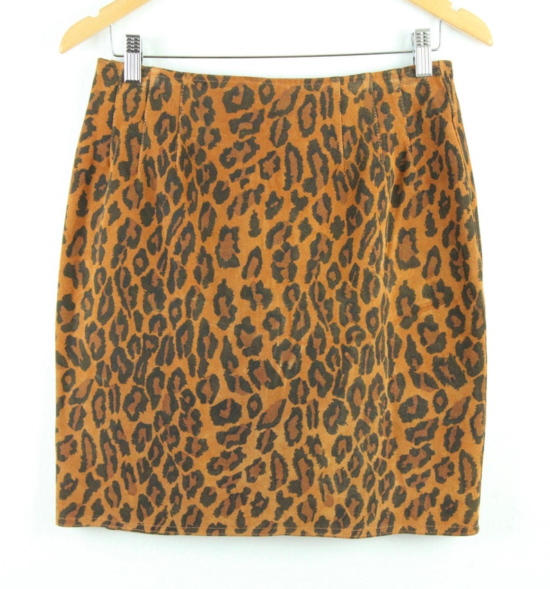 Vintage 90s Melanzana Suede Mini Skirt Leopard Print Animal Cheeta 29 M Punk