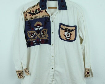 FLAWS Vintage 90s Womens button down embroidered shirt chainstitch western grannycore M