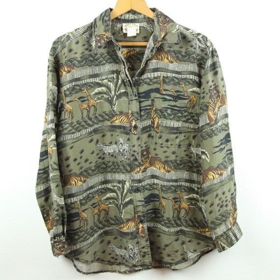 FLAWS Vintage 90s Animal Print Silk Button Down B… - image 1