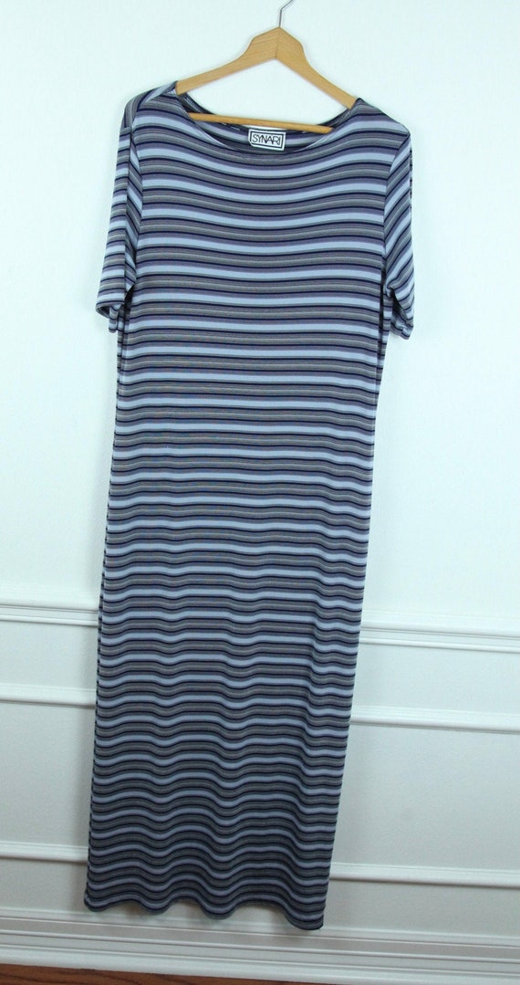 Vintage 90s Blue Striped Stretchy Clingy Polyeste… - image 1