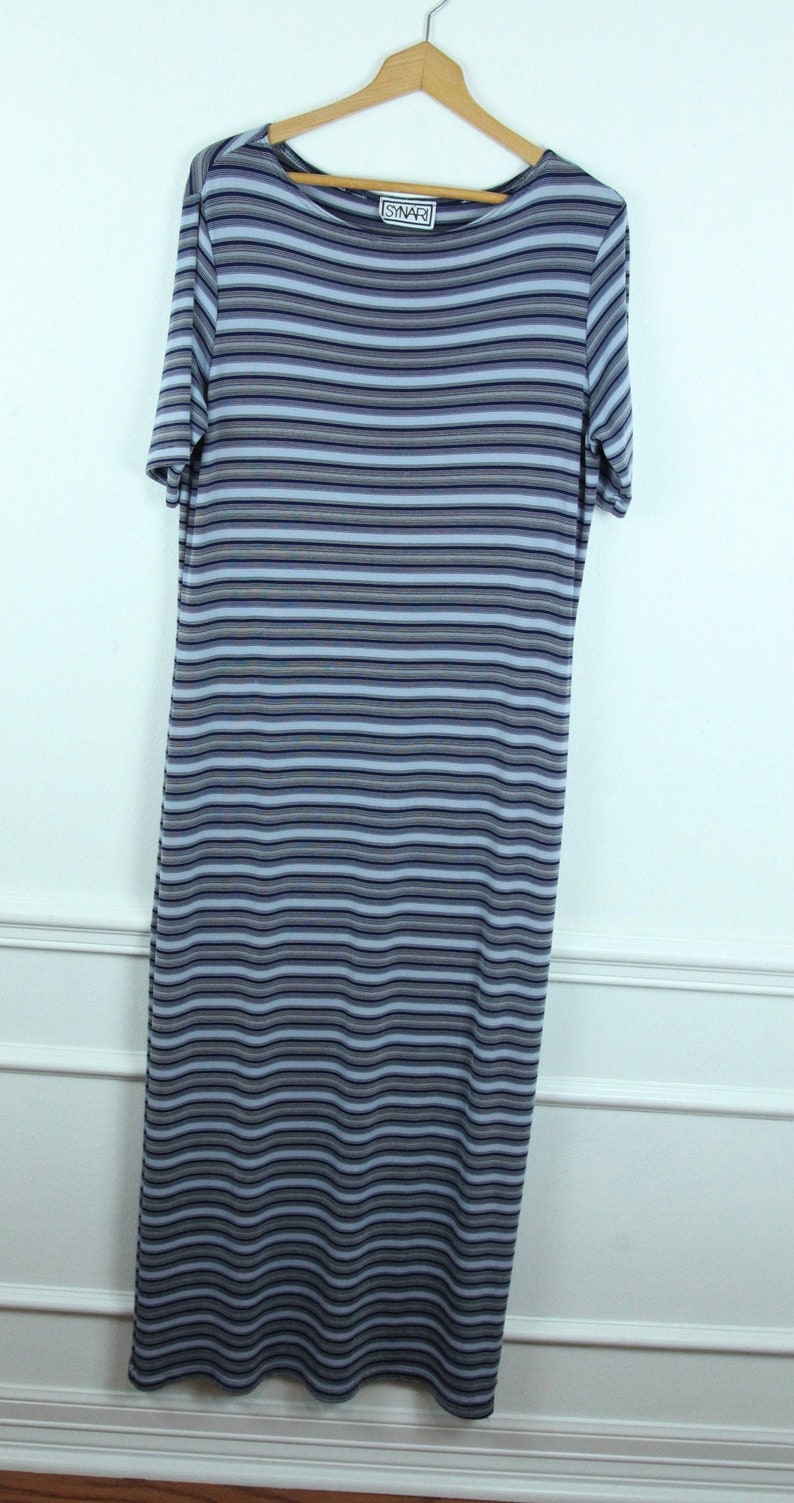 Vintage 90s Blue Striped Stretchy Clingy Polyester Spandex Column Maxi Dress Skate L image 1