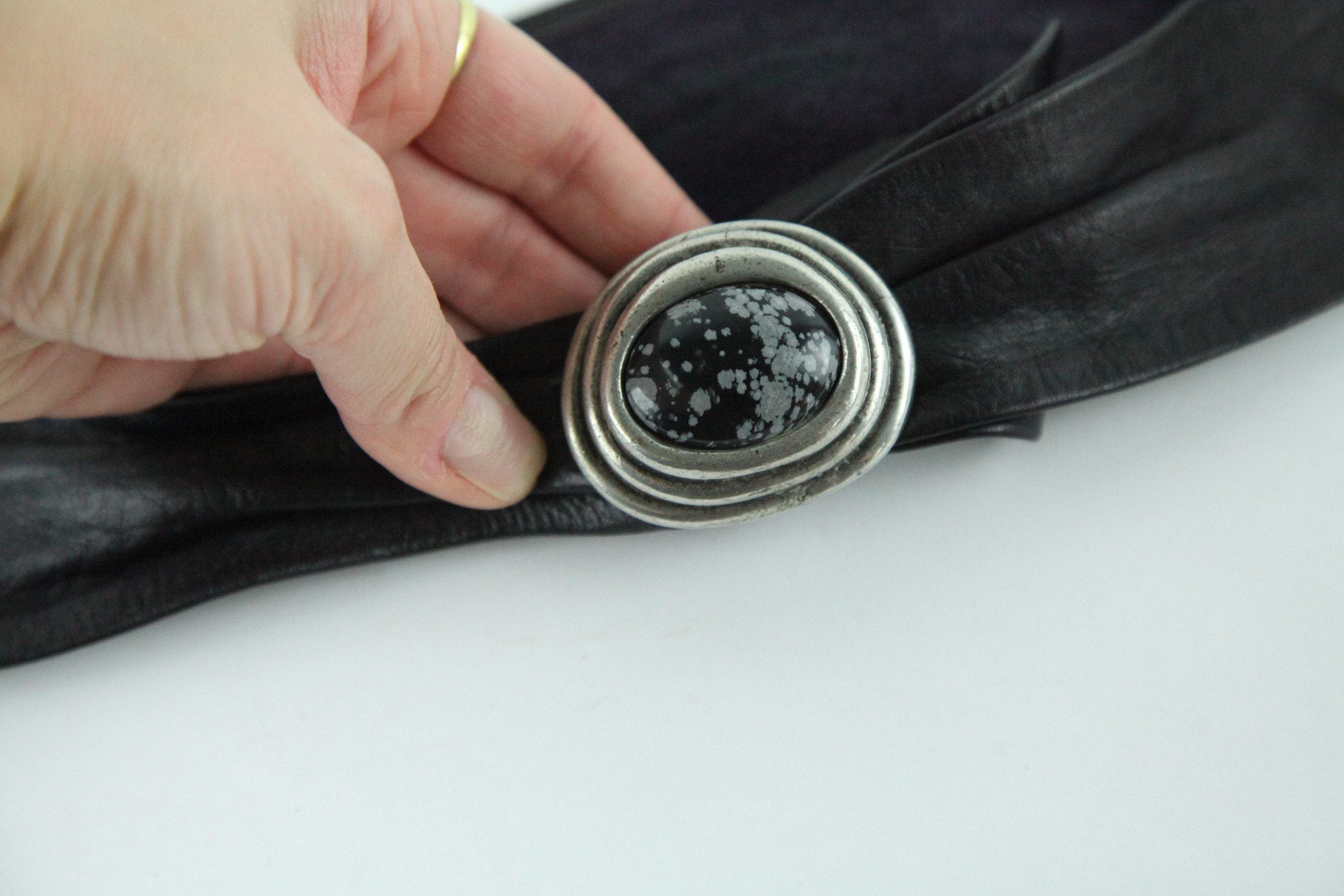 Vintage 80s 90s Black Leather Wide Waist Belt Silver Buckle Vintage 80s 90s Black Leather Wide Waist Belt Silver Buckle