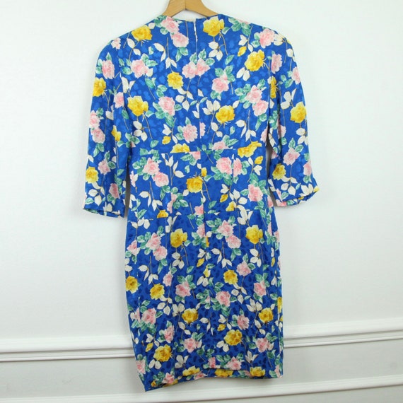 Vintage 80s Michel Sungari Blue Silk Floral Dress… - image 7