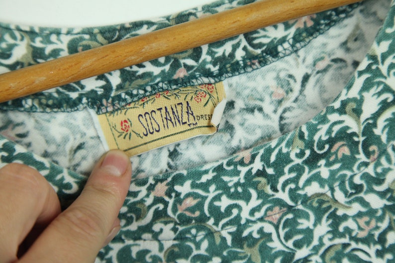 Vintage 90s Sostanza Green Floral Jersey Knit Dress Cottagecore Grunge Skater M image 5