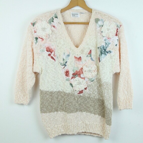 Vintage 80s 90s Floral Applique Cotton Blend Swea… - image 1