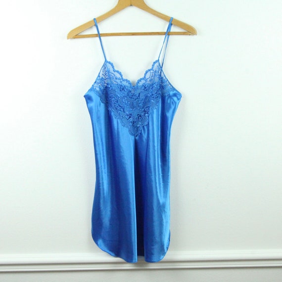 Vintage 90s Blue Silky Polyester Nightgown Lace N… - image 1