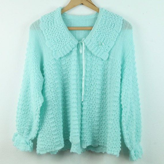 Vintage Pastel Blue Collared Cardigan Popcorn Knit