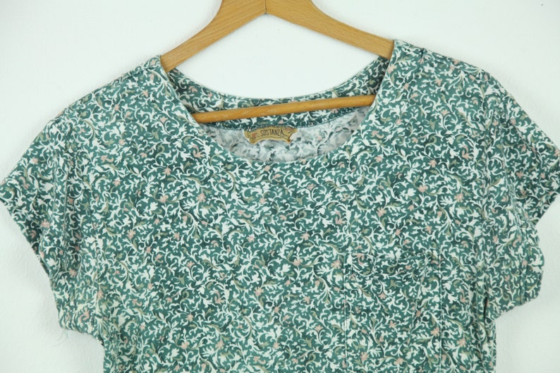 Vintage 90s Sostanza Green Floral Jersey Knit Dress Cottagecore Grunge Skater M image 2