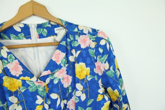 Vintage 80s Michel Sungari Blue Silk Floral Dress… - image 5