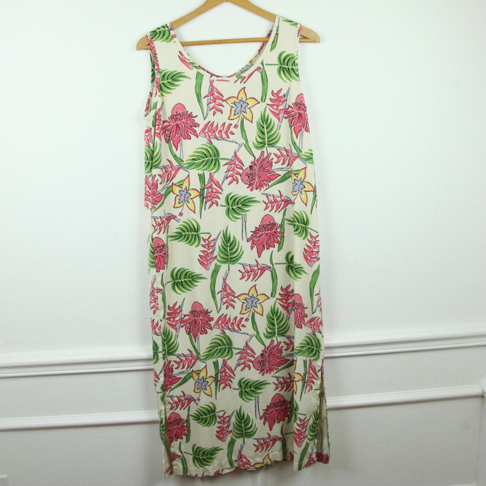 VTG Y2K Pineapple Moon Silk Dress Resort Caftan Hawaiian Floral Print M