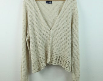 Vintage Plus Size Crochet Cardigan Boho Cottagecore 1X 2X Lightweight 90s Cream Y2K